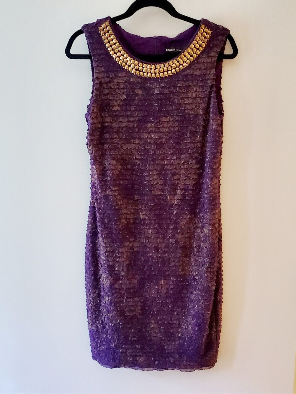 Women's Midi Cocktail Dress Purple & Gold Metallic Threads & Neckline Accents 8
